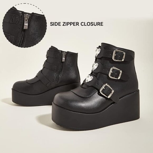 🆕 Platform Chunky Ankle Boots - Women Black Polyurethane Rave Goth Booties - Picture 3 of 10